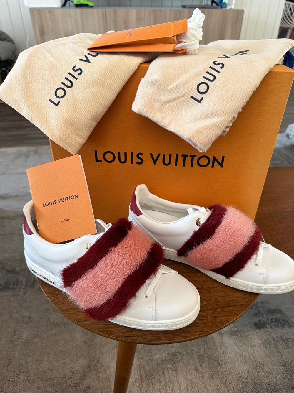 Louis Vuitton Front Row Sneakers with Pink and Burgundy Fur Strap size 38